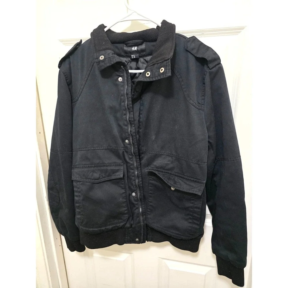 H & M Men's Black Heavy Cotton Jacket With Zipper & Button‎ Closure Size 40R